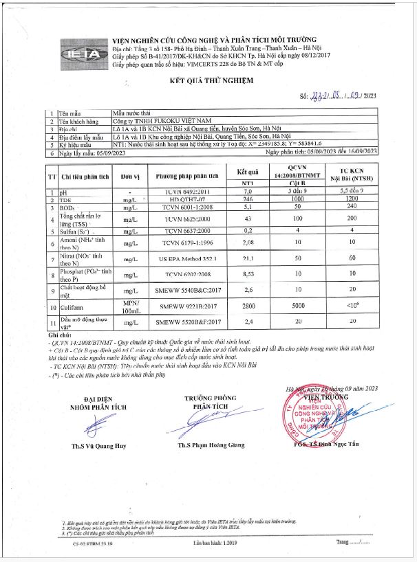 Quý 3/2023 Kết quả quan trắc môi trường lô 1A1B